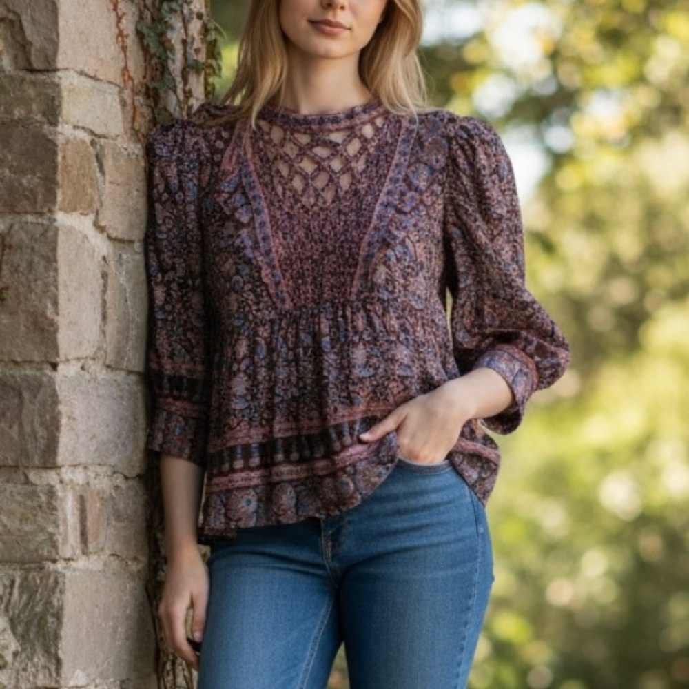 Sea New York Amaki Printed Smocked Puff Sleeve Top Medium Boho Ruffle - Picture 4 of 14
